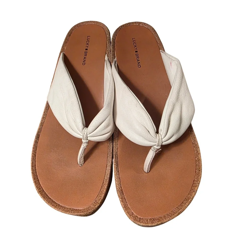 Lucky Brand Lellina White‎ Leather Platform Thong Sandals Womens 10M LK-LELLINA